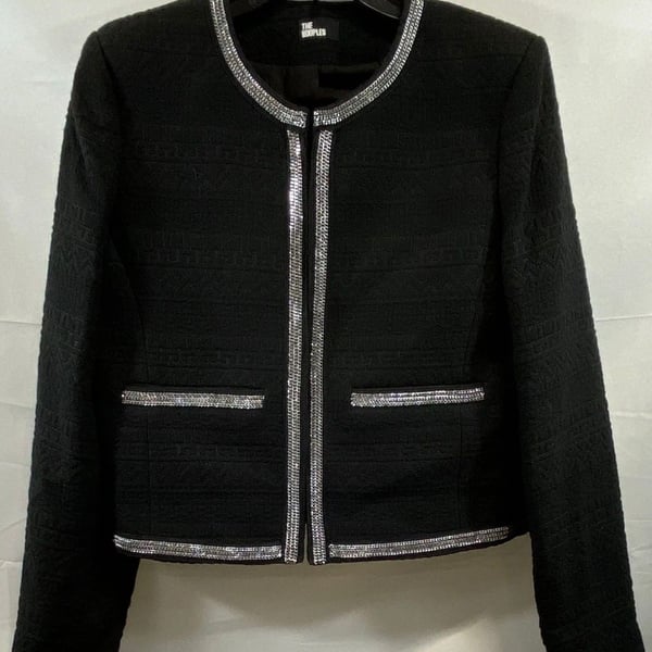 The Kooples Asiago Black Knit Jacket with Chain Trim
