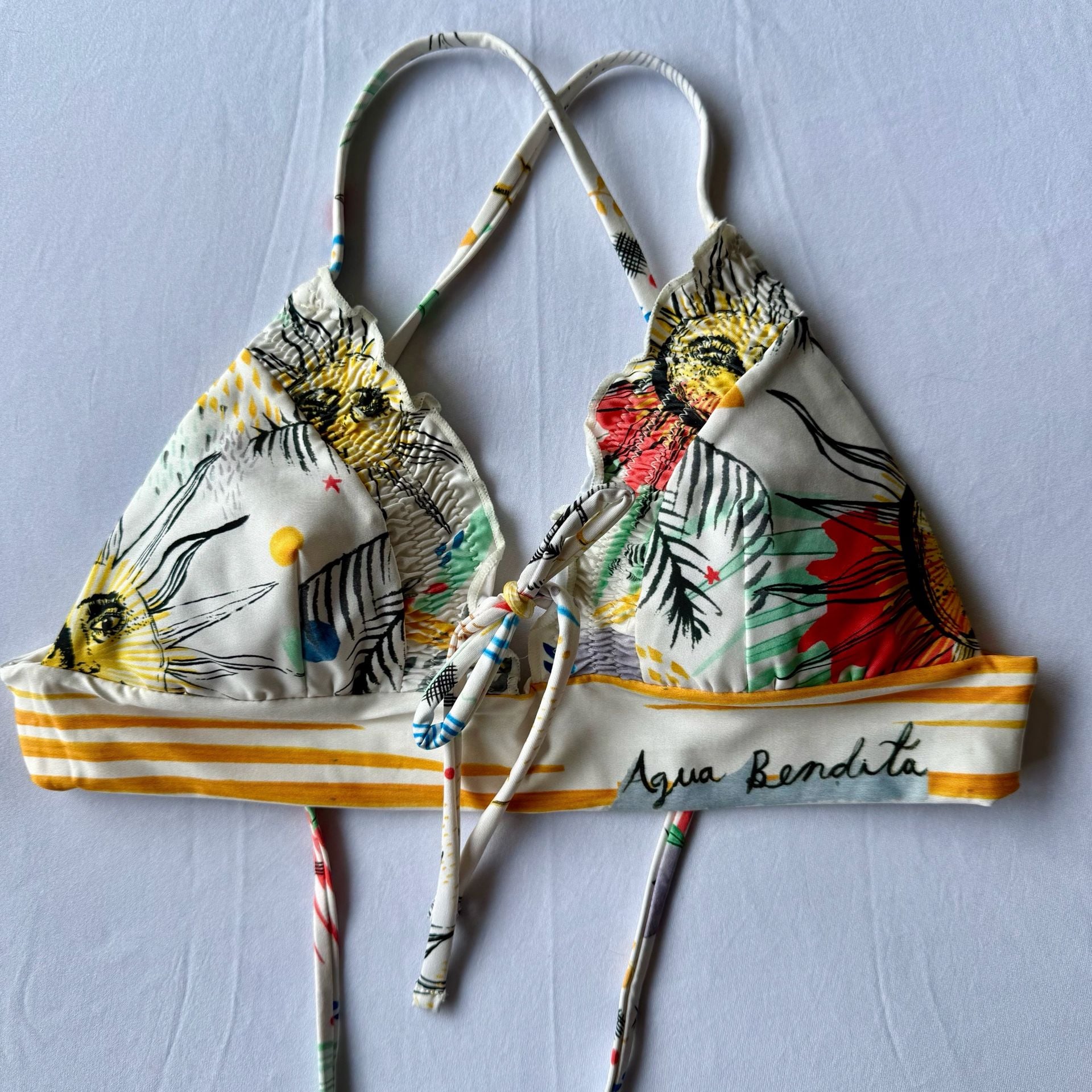 Agua Bendita Sun and Palm Tree Print Scalloped Triangle Bikini Top 1