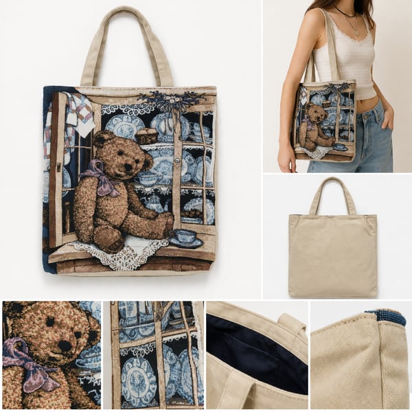 Vintage Woven Tapestry Teddy Bear Tote Bag Beige
