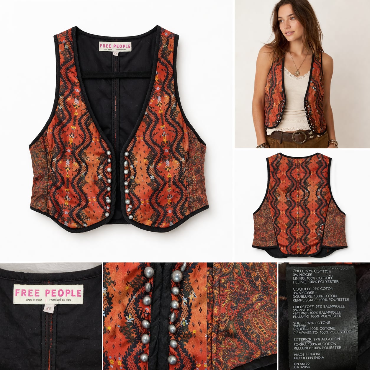 Free People Little Bit of Love Quilted Paisley Vest XS 2