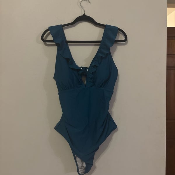 SHEIN Teal Ruffle Trim Lace Up Back One Piece Swimsuit Size XL