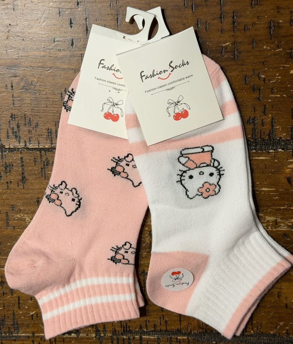 Fashion Socks Hello Kitty Style Pink and White Ankle Socks Size 36-41 2 Pairs 1