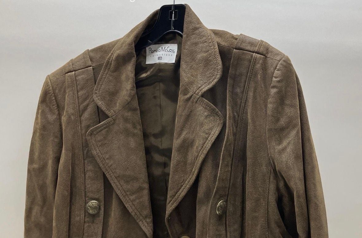 Pamela McCoy Collections Brown Genuine Leather Suede Military Style Jacket Size S 8