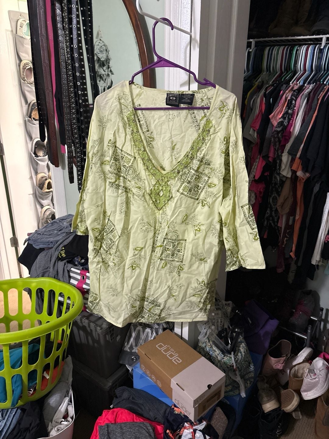 Baggage Women's 2X Green Floral Print Cotton V-Neck Tunic Blouse 2