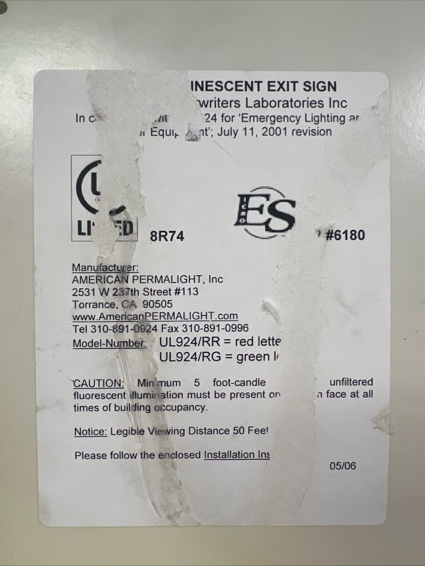 American PERMALIGHT UL924/RG Photoluminescent Green Exit Sign 50ft Viewing Distance 2