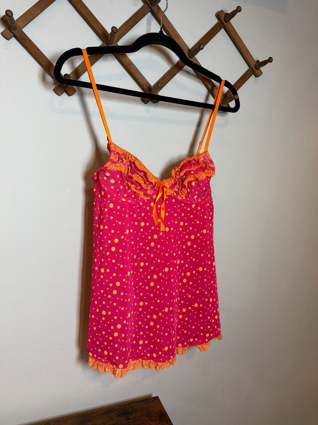 Victoria's Secret Sexy Little Things Pink Orange Polka Dot Lace Ruffle Babydoll Top 34B 1