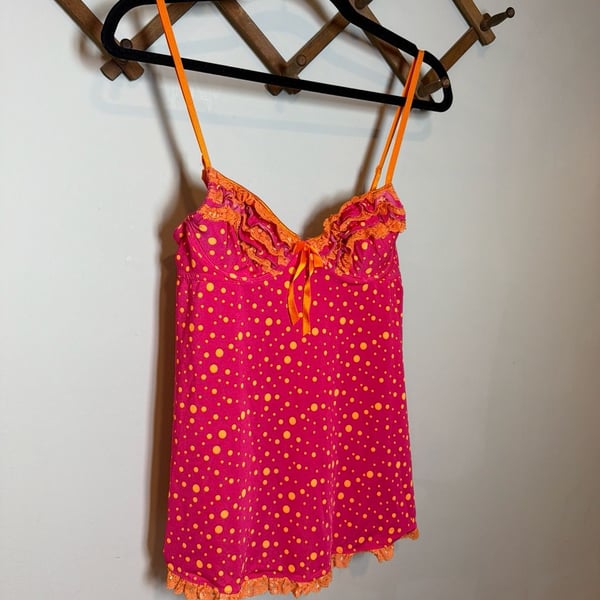 Victoria's Secret Sexy Little Things Pink Orange Polka Dot Lace Ruffle Babydoll Top 34B