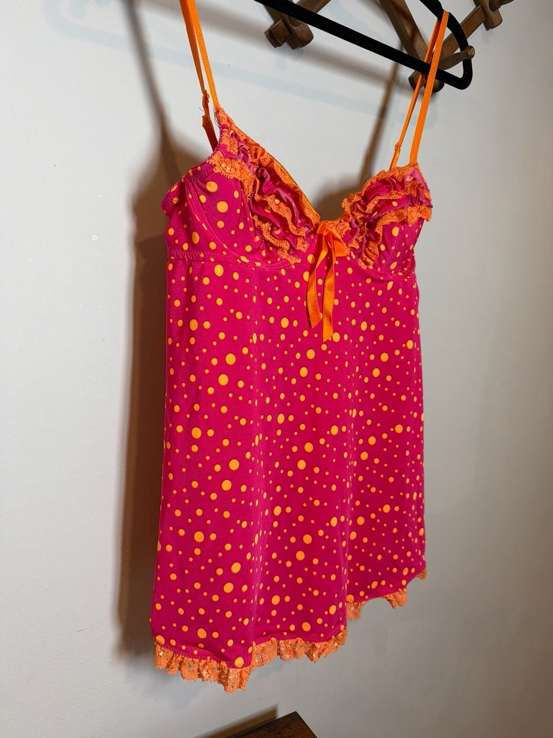 Victoria's Secret Sexy Little Things Pink Orange Polka Dot Lace Ruffle Babydoll Top 34B 2