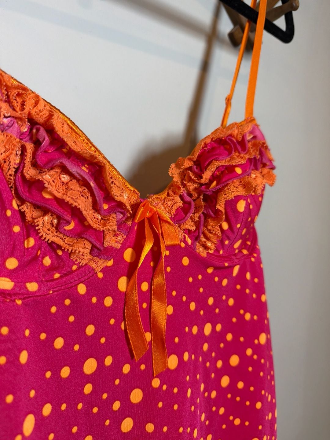 Victoria's Secret Sexy Little Things Pink Orange Polka Dot Lace Ruffle Babydoll Top 34B 3