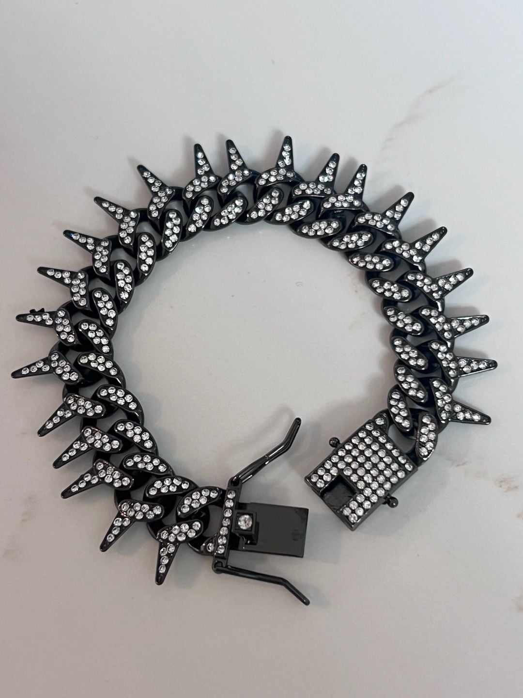 Black rhinestones Iced Out Spiked Thorn Cuban Link Bracelet 8" vintage style men women 2