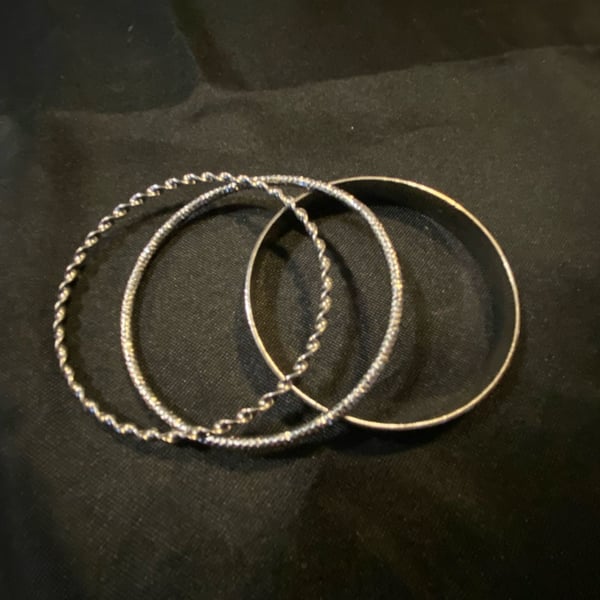 Set of 3 Silver Tone Bangle Bracelets Plain Twisted and Textured Styles