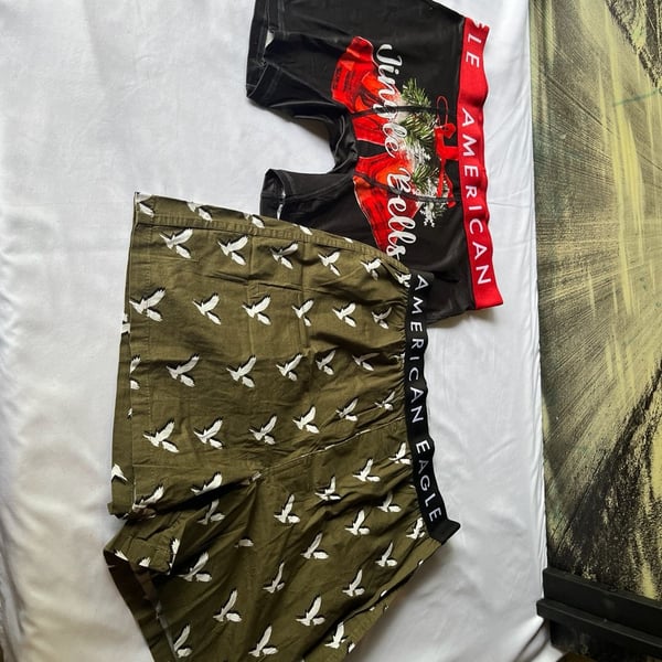 American Eagle Men's Underwear Lot of 2 Bird Print Boxers & Jingle Bells Flex Boxer Briefs Size Small