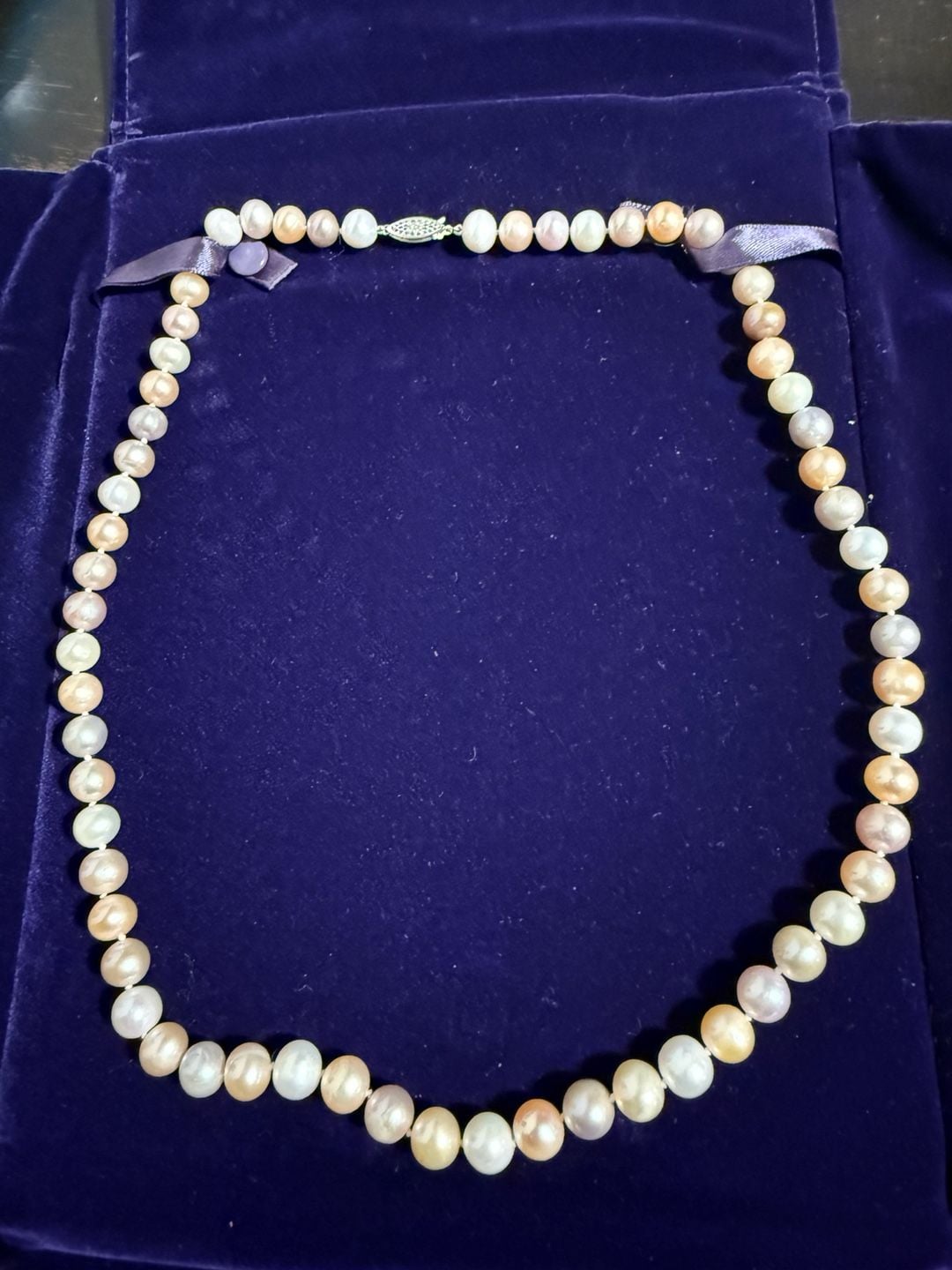Multi-Color Freshwater Pearl Necklace with 14K Gold Filigree Clasp, 18" 2