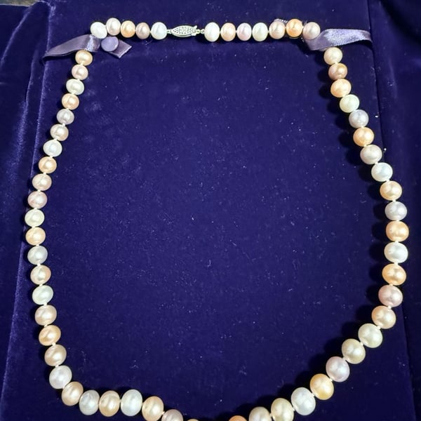 Multi-Color Freshwater Pearl Necklace with 14K Gold Filigree Clasp, 18"