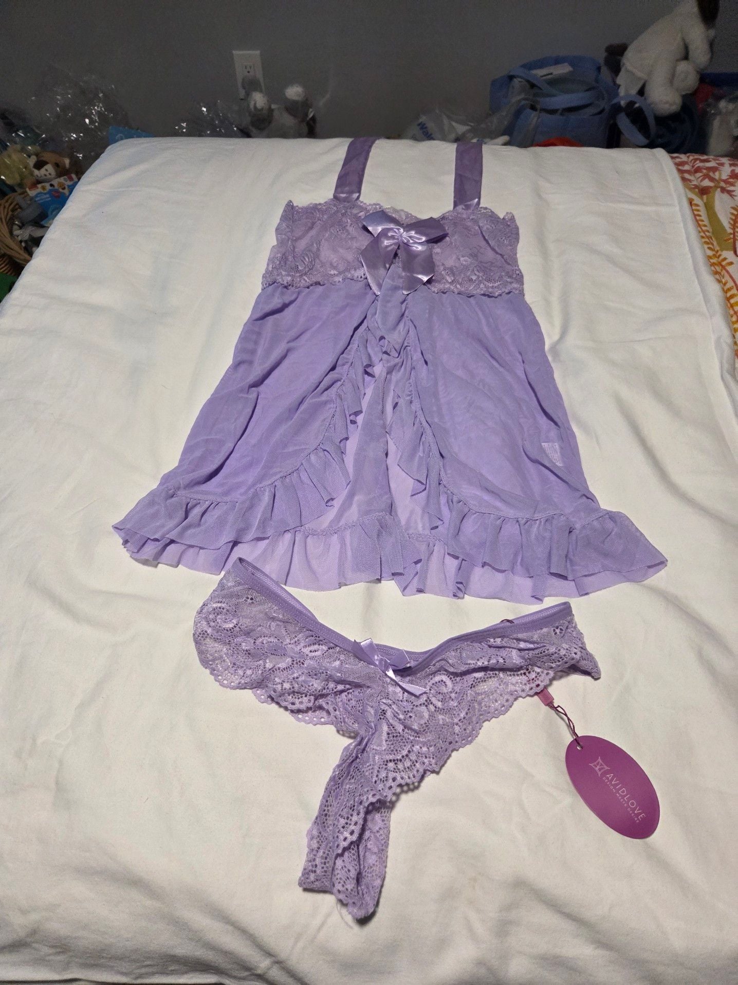 Avidlove Purple Lace Babydoll Lingerie Set with Ruffle Hem and Bow 1