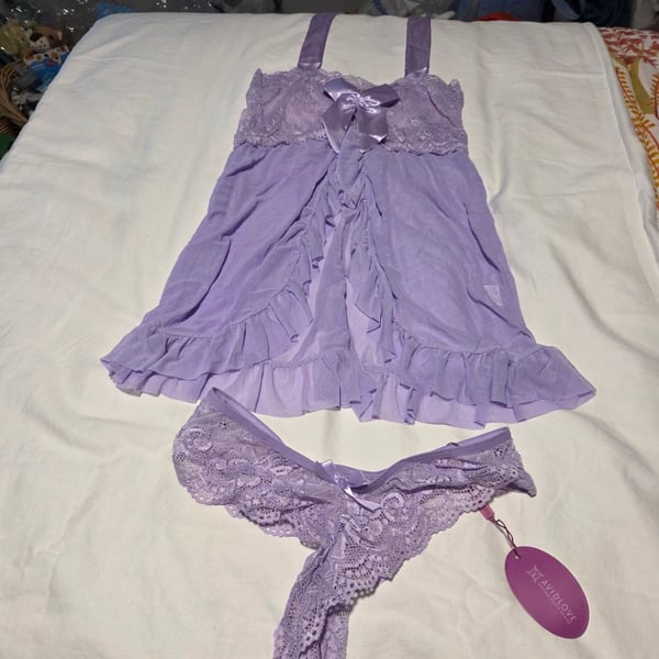 Avidlove Purple Lace Babydoll Lingerie Set with Ruffle Hem and Bow