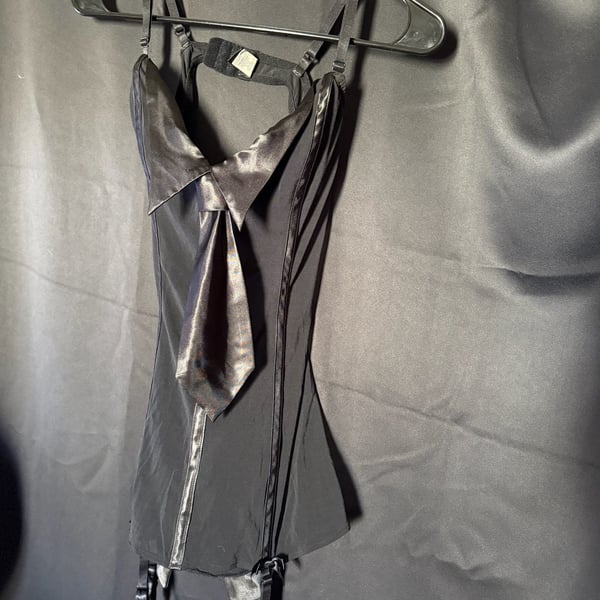 Vintage Seduction Fredericks of Hollywood Black Tuxedo Mesh Chemise with Satin Tie and Bow Back