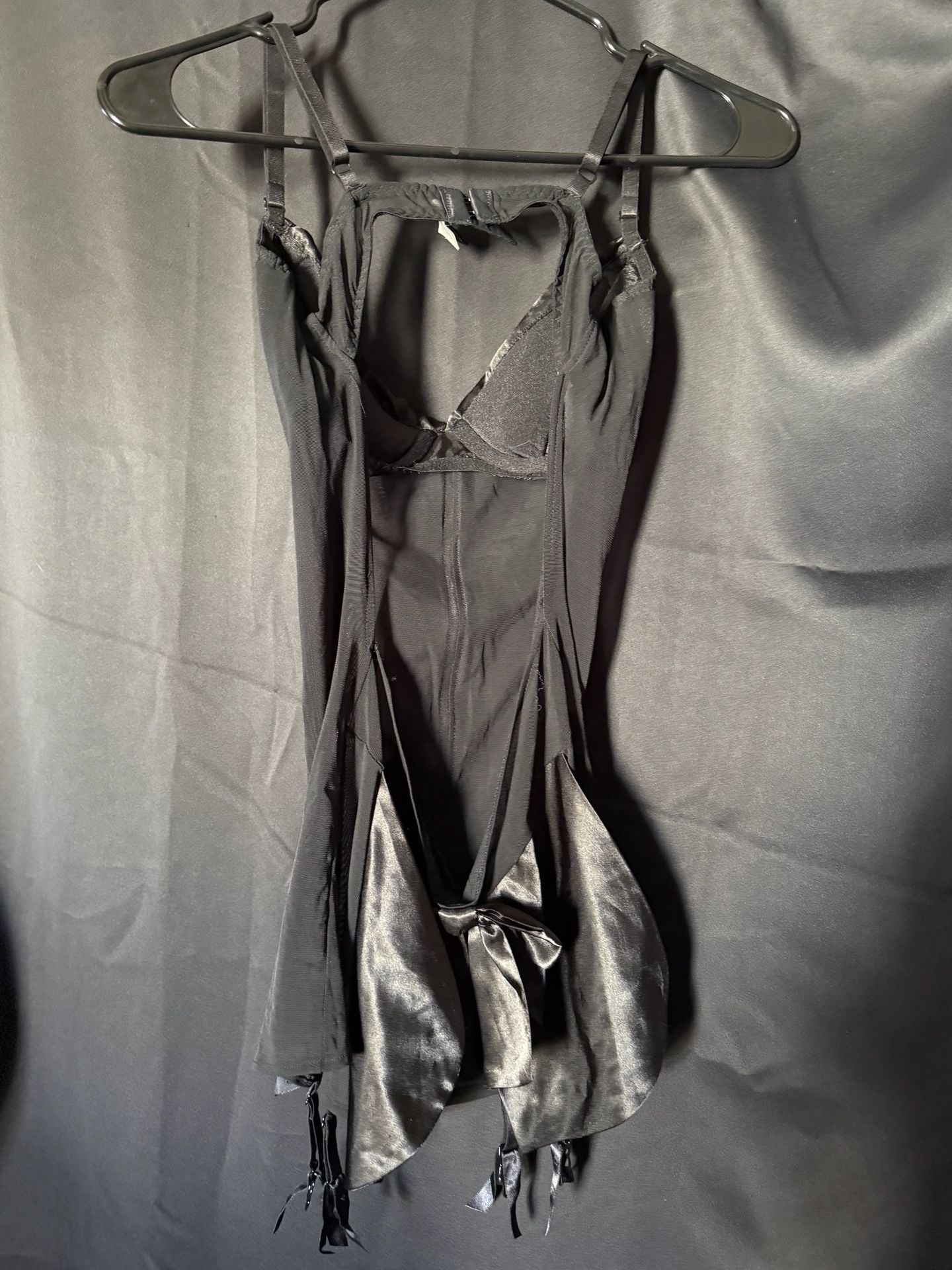 Vintage Seduction Fredericks of Hollywood Black Tuxedo Mesh Chemise with Satin Tie and Bow Back 3