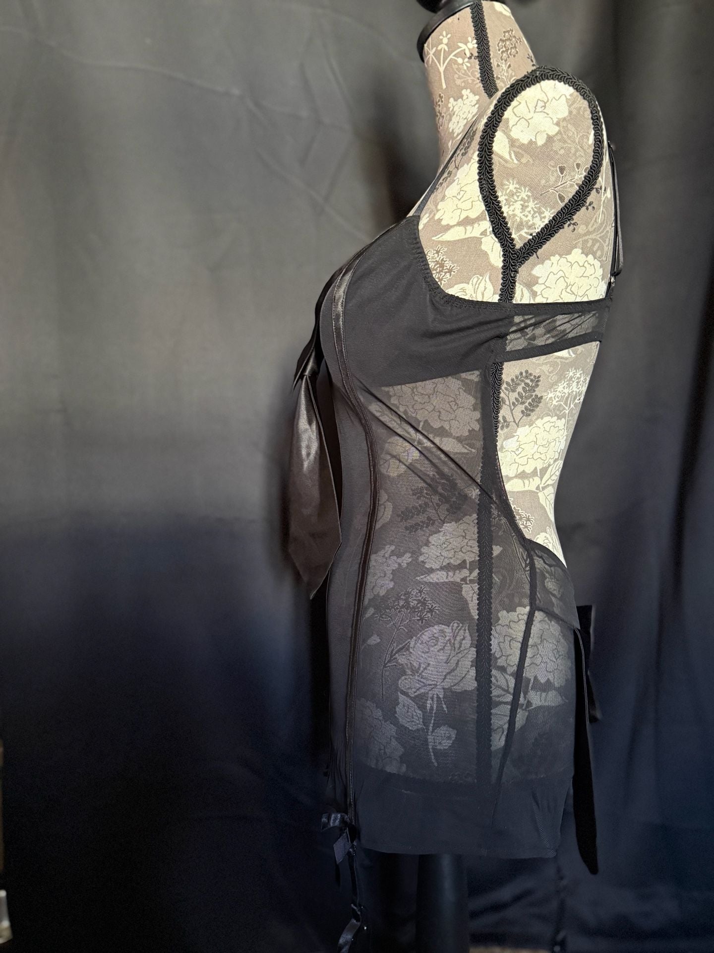 Vintage Seduction Fredericks of Hollywood Black Tuxedo Mesh Chemise with Satin Tie and Bow Back 5