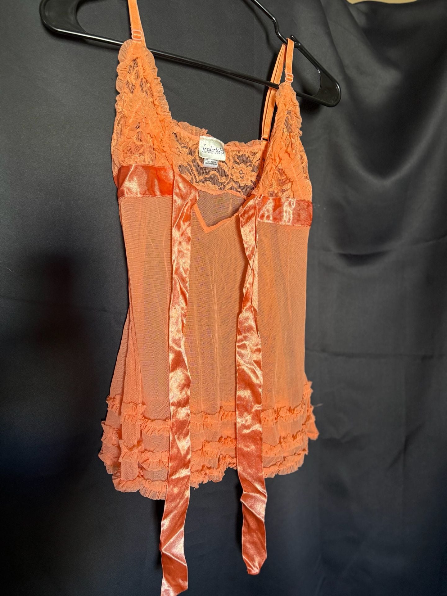 Frederick's of Hollywood Orange Mesh Lace Ruffle Babydoll Chemise Size Small 1