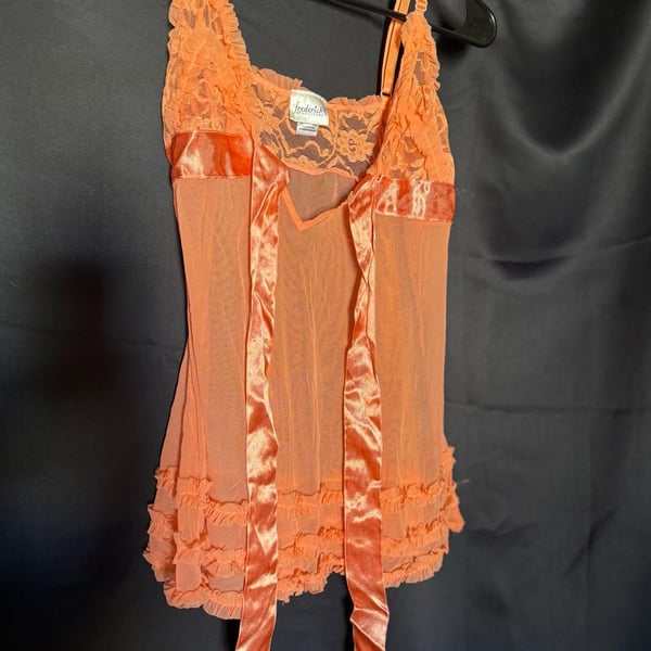 Frederick's of Hollywood Orange Mesh Lace Ruffle Babydoll Chemise Size Small