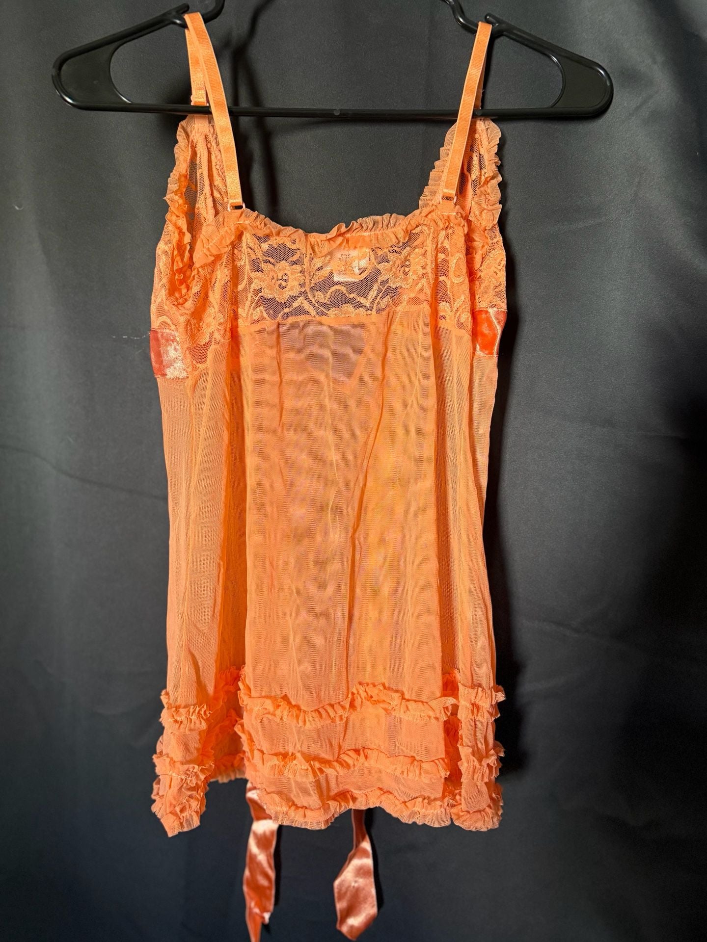 Frederick's of Hollywood Orange Mesh Lace Ruffle Babydoll Chemise Size Small 2