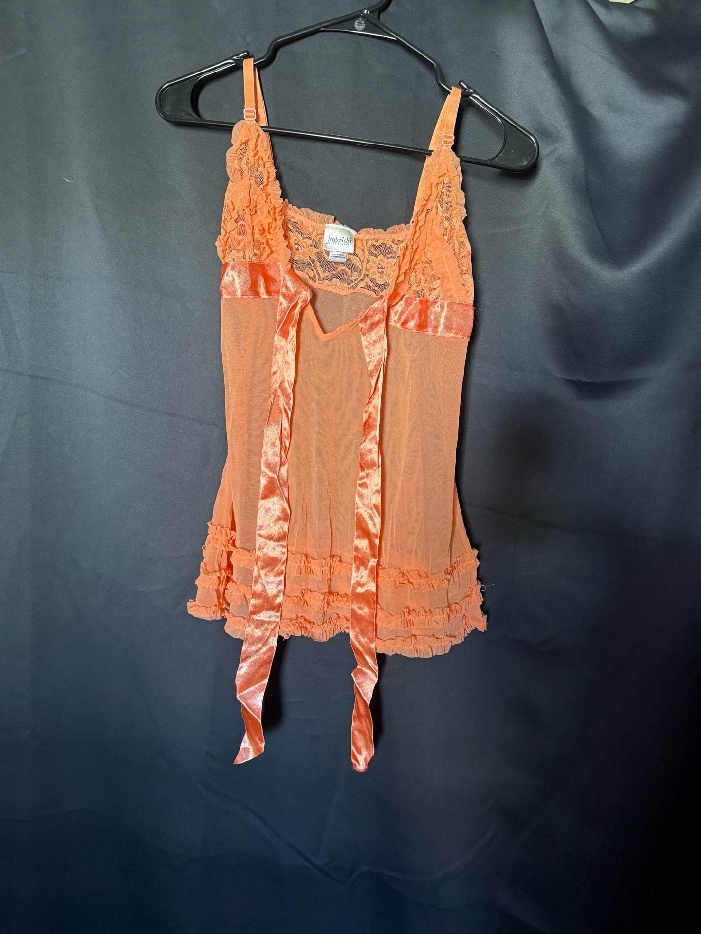 Frederick's of Hollywood Orange Mesh Lace Ruffle Babydoll Chemise Size Small 3