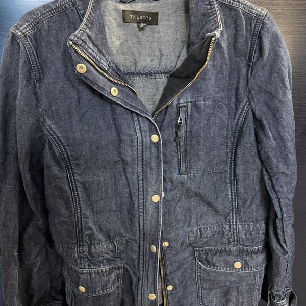 Talbots Denim Field Jacket with Zip and Snap Closure Size Medium