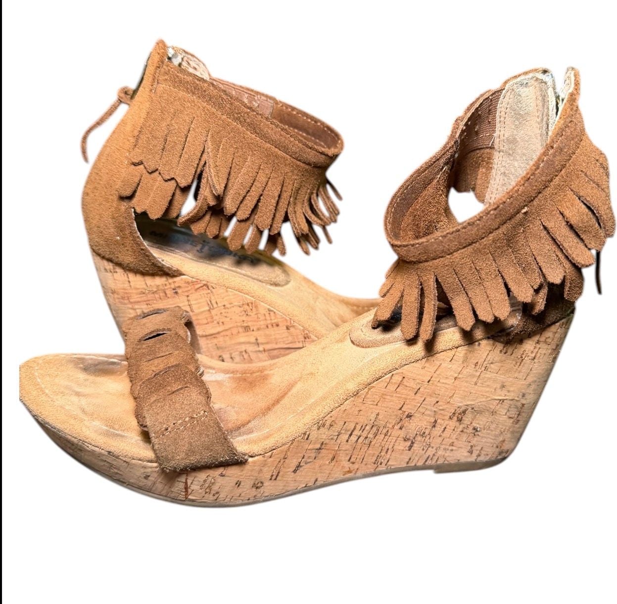 Minnetonka Brown Suede Fringe Wedge Sandals Size 6 7