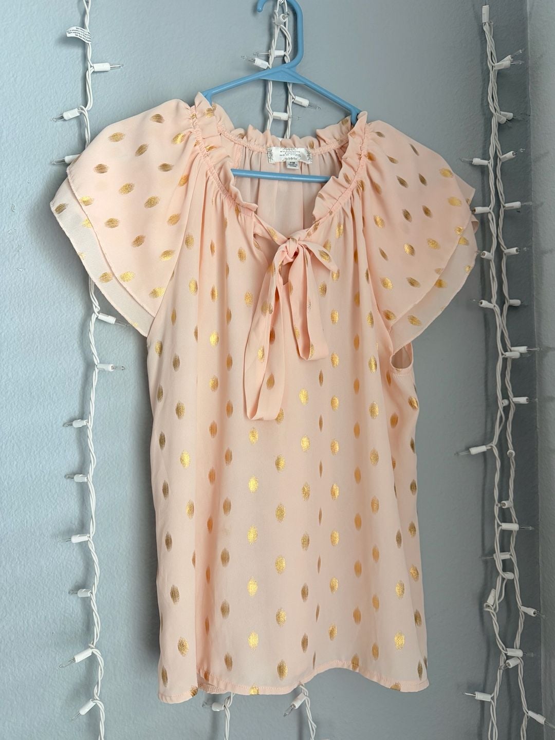 Shannon Ford New York Petite PM Pink Gold Metallic Polka Dot Tie Neck Blouse 2