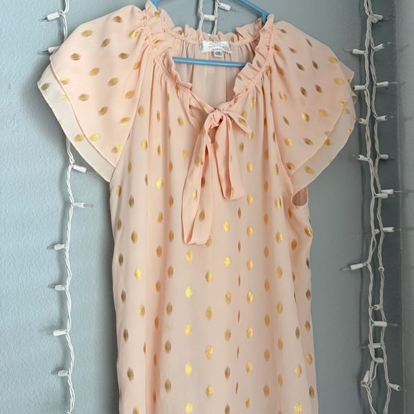 Shannon Ford New York Petite PM Pink Gold Metallic Polka Dot Tie Neck Blouse