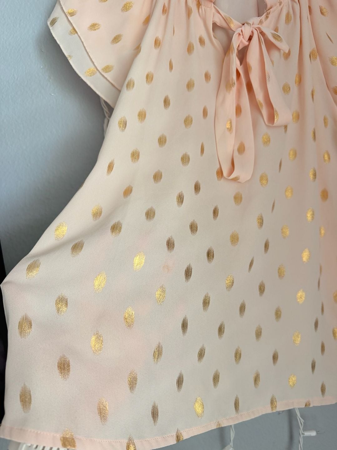 Shannon Ford New York Petite PM Pink Gold Metallic Polka Dot Tie Neck Blouse 3