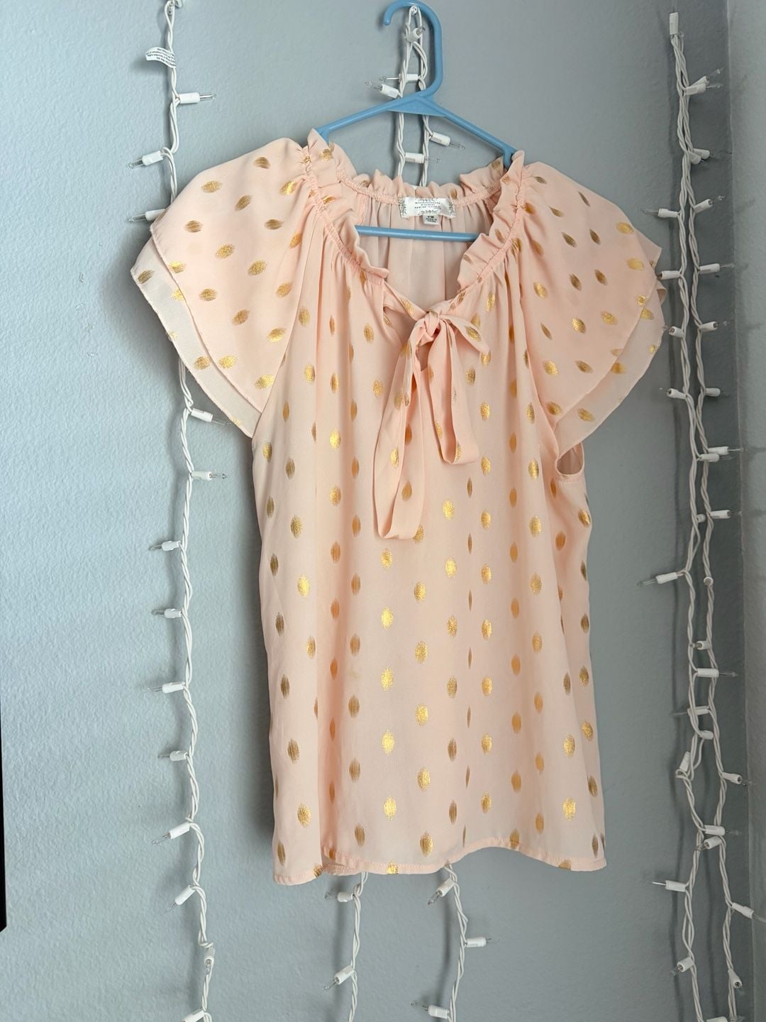 Shannon Ford New York Petite PM Pink Gold Metallic Polka Dot Tie Neck Blouse 5