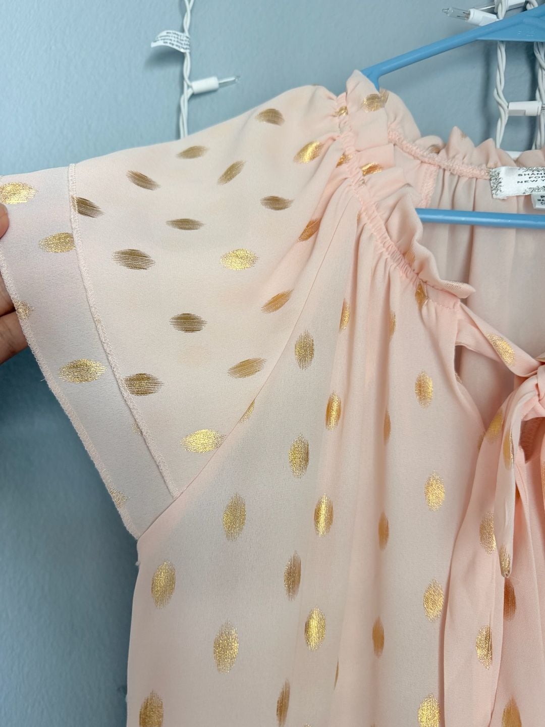 Shannon Ford New York Petite PM Pink Gold Metallic Polka Dot Tie Neck Blouse 6