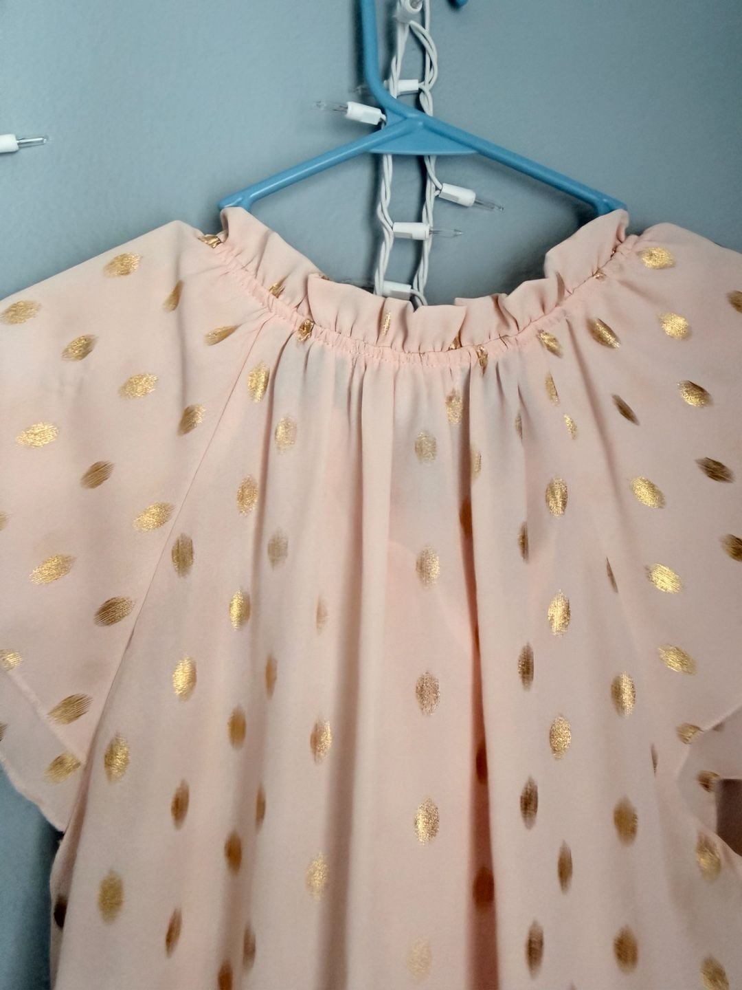 Shannon Ford New York Petite PM Pink Gold Metallic Polka Dot Tie Neck Blouse 8