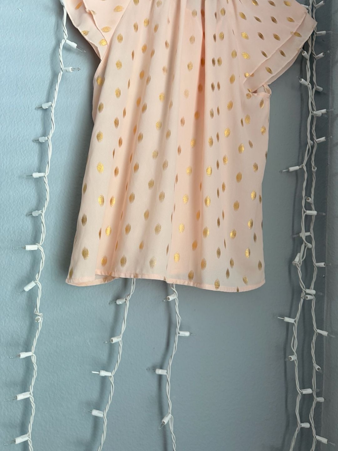 Shannon Ford New York Petite PM Pink Gold Metallic Polka Dot Tie Neck Blouse 9