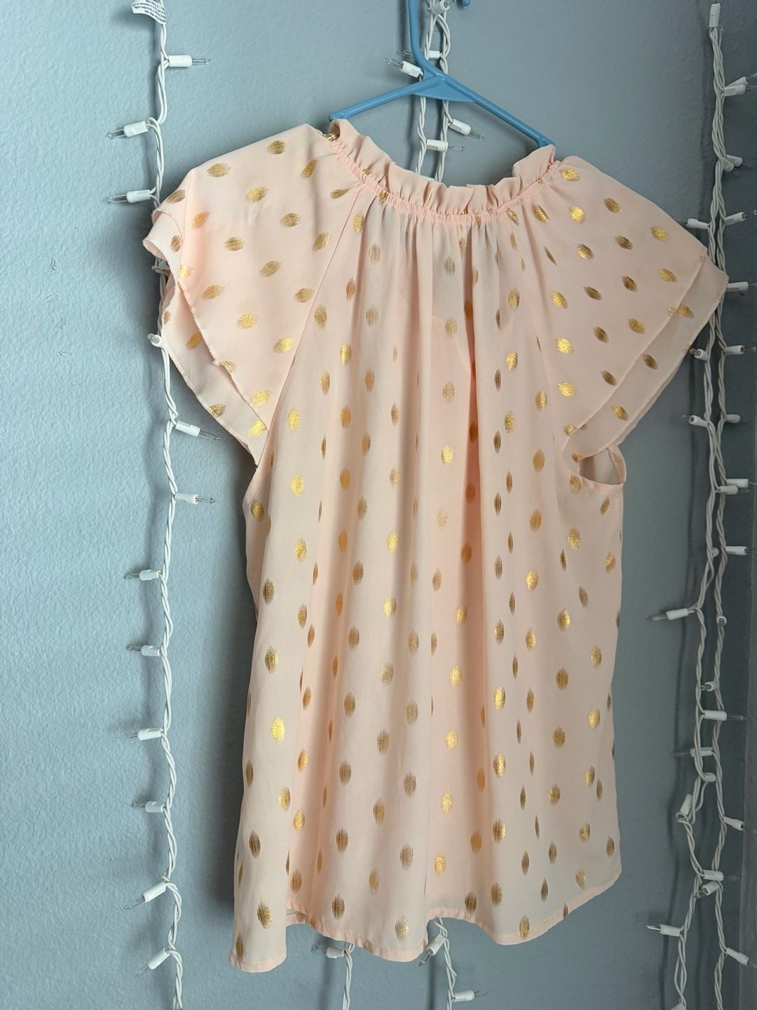 Shannon Ford New York Petite PM Pink Gold Metallic Polka Dot Tie Neck Blouse 11