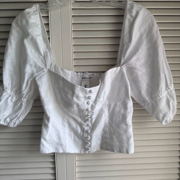Reformation Luisa Linen Top White Square Neck Puff Sleeve