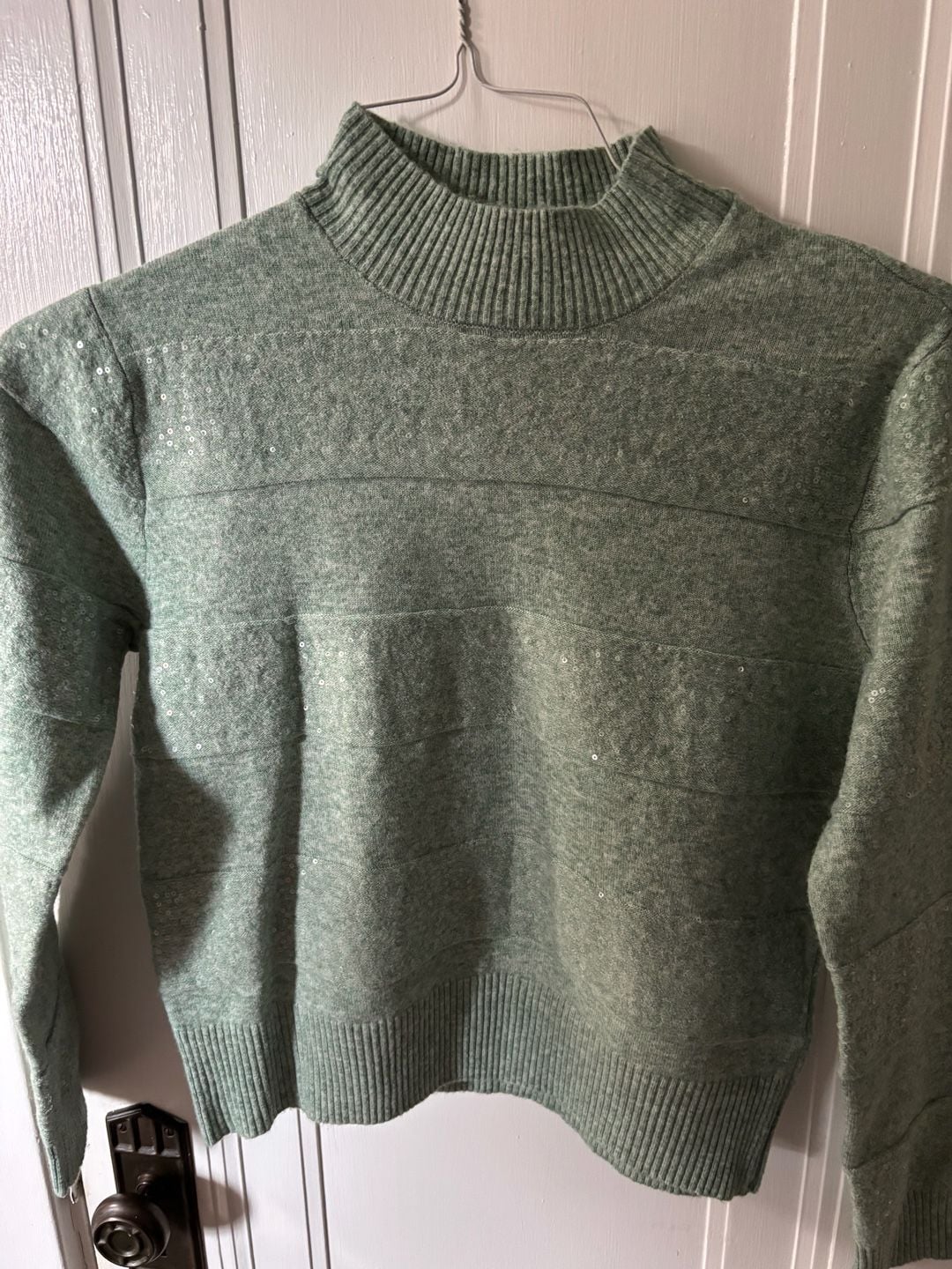Ophelia Roe. Light Green Mock Neck Sequined Striped Sweater, Size M 2