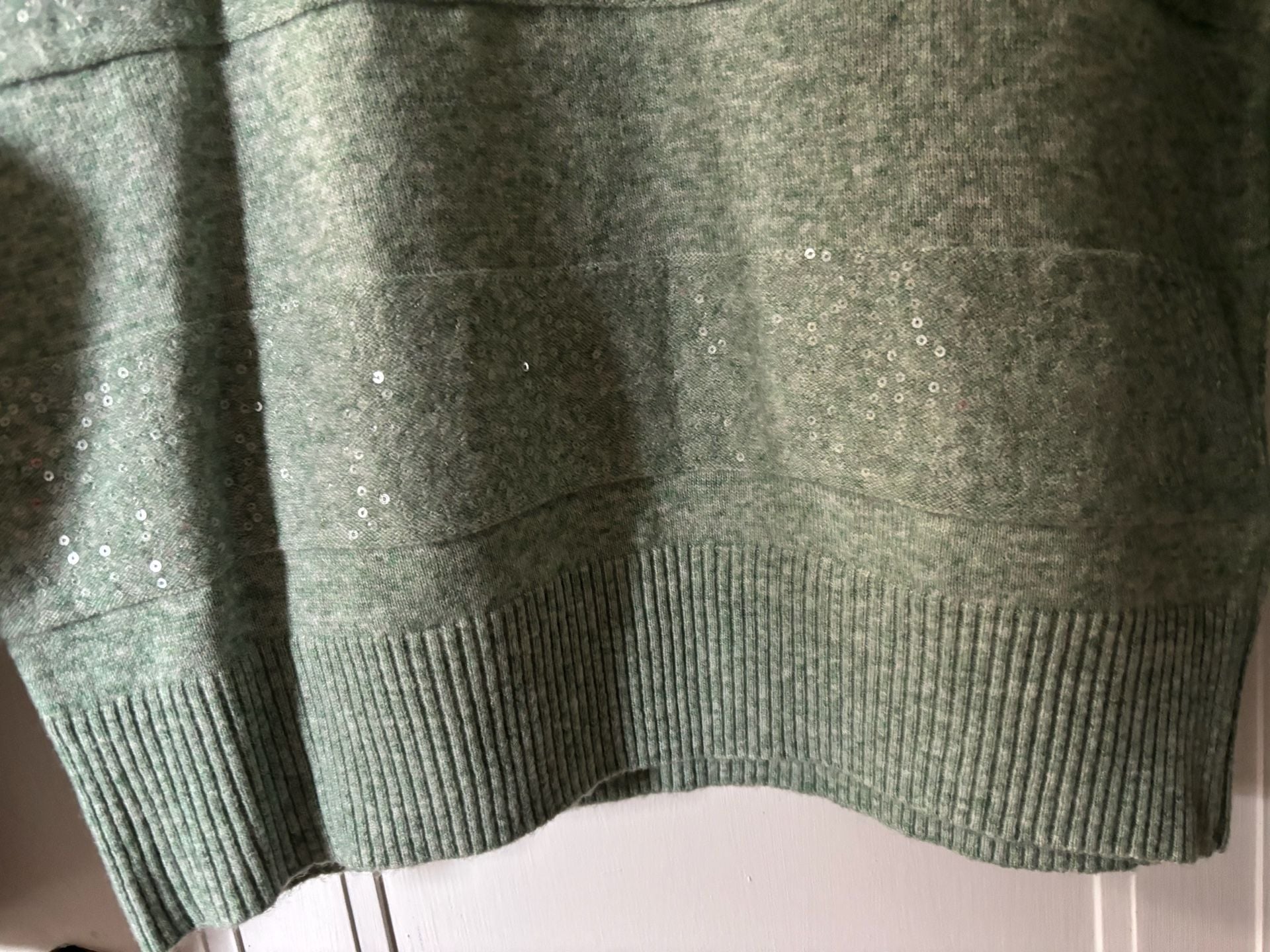 Ophelia Roe. Light Green Mock Neck Sequined Striped Sweater, Size M 6
