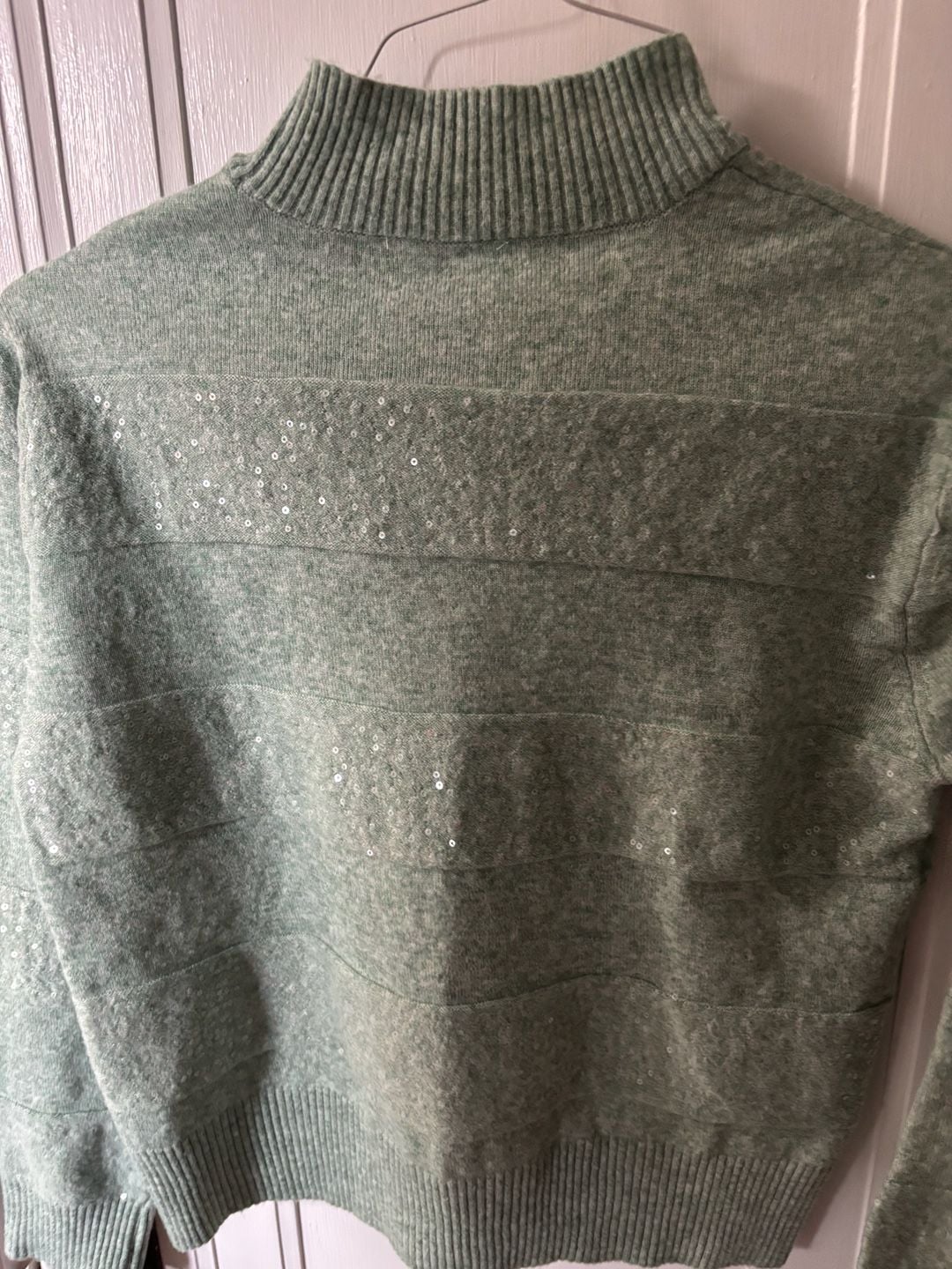 Ophelia Roe. Light Green Mock Neck Sequined Striped Sweater, Size M 7