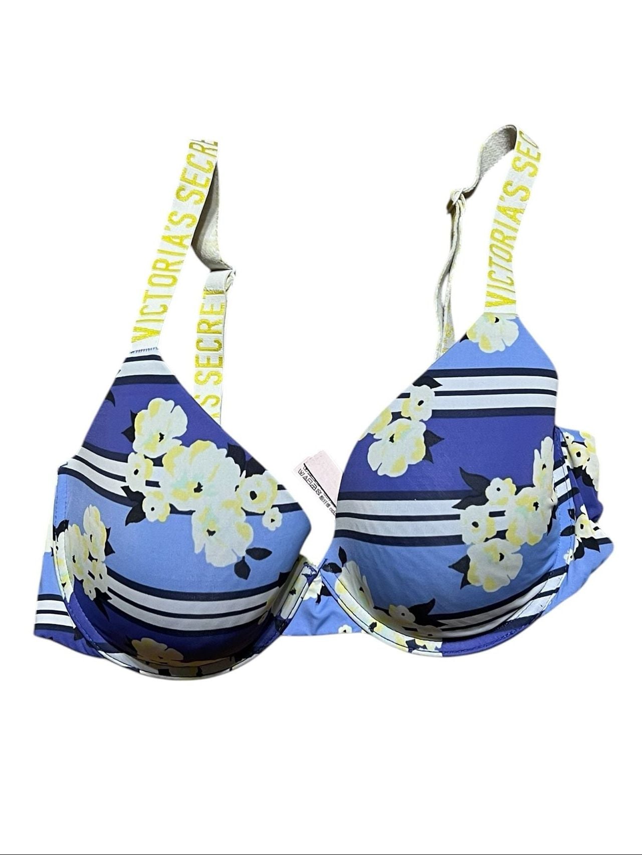 Victoria's Secret Logo Strap T-Shirt Bra Blue Floral Striped Size 32D 1