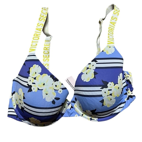 Victoria's Secret Logo Strap T-Shirt Bra Blue Floral Striped Size 32D