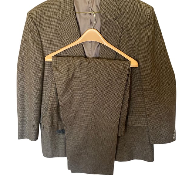 Embassy Square Men's 100% Pure Wool 2-Piece Suit Brown Houndstooth Made in USA
