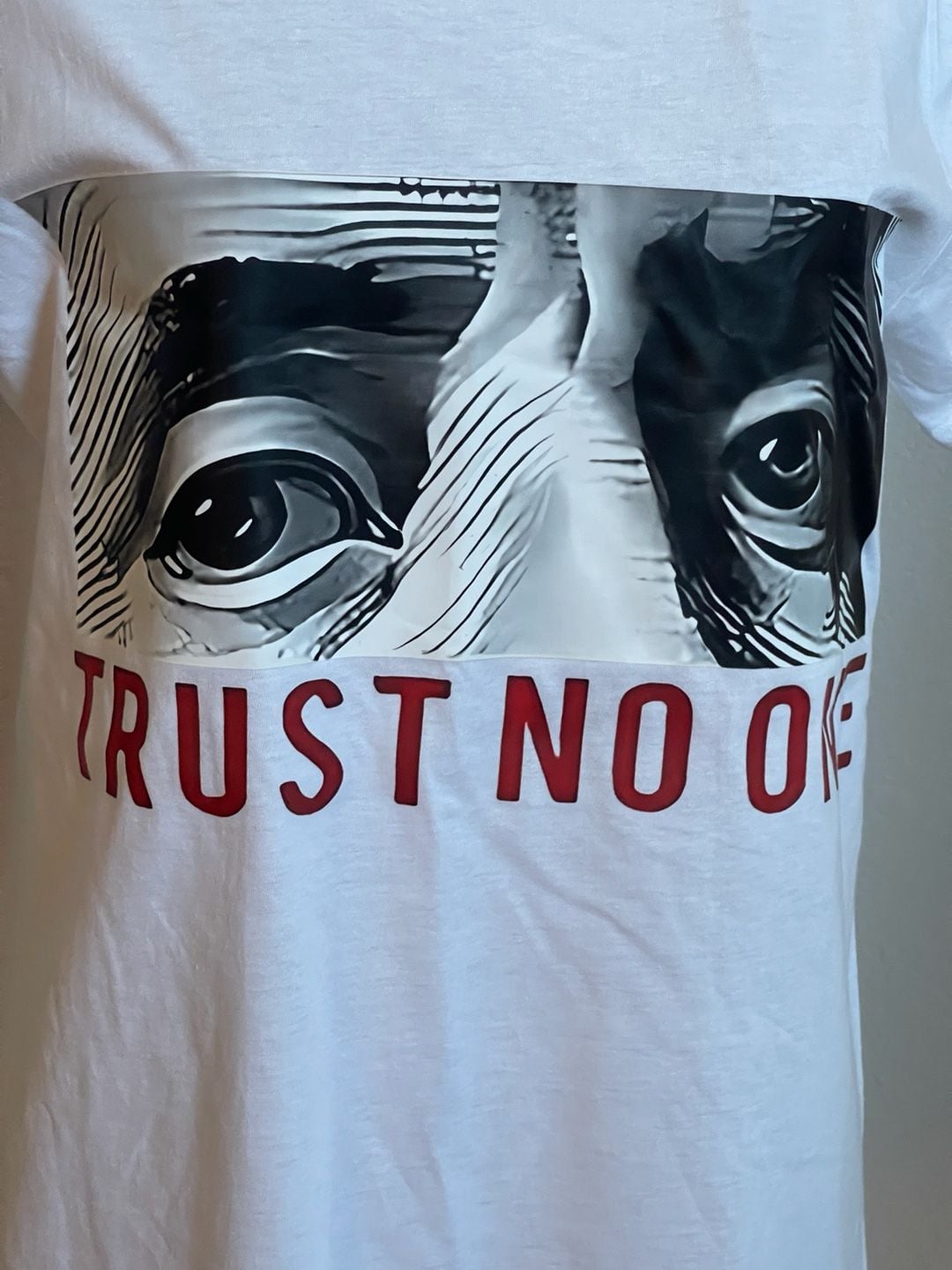 Trust No One Benjamin Franklin Eyes Graphic T-Shirt White 2