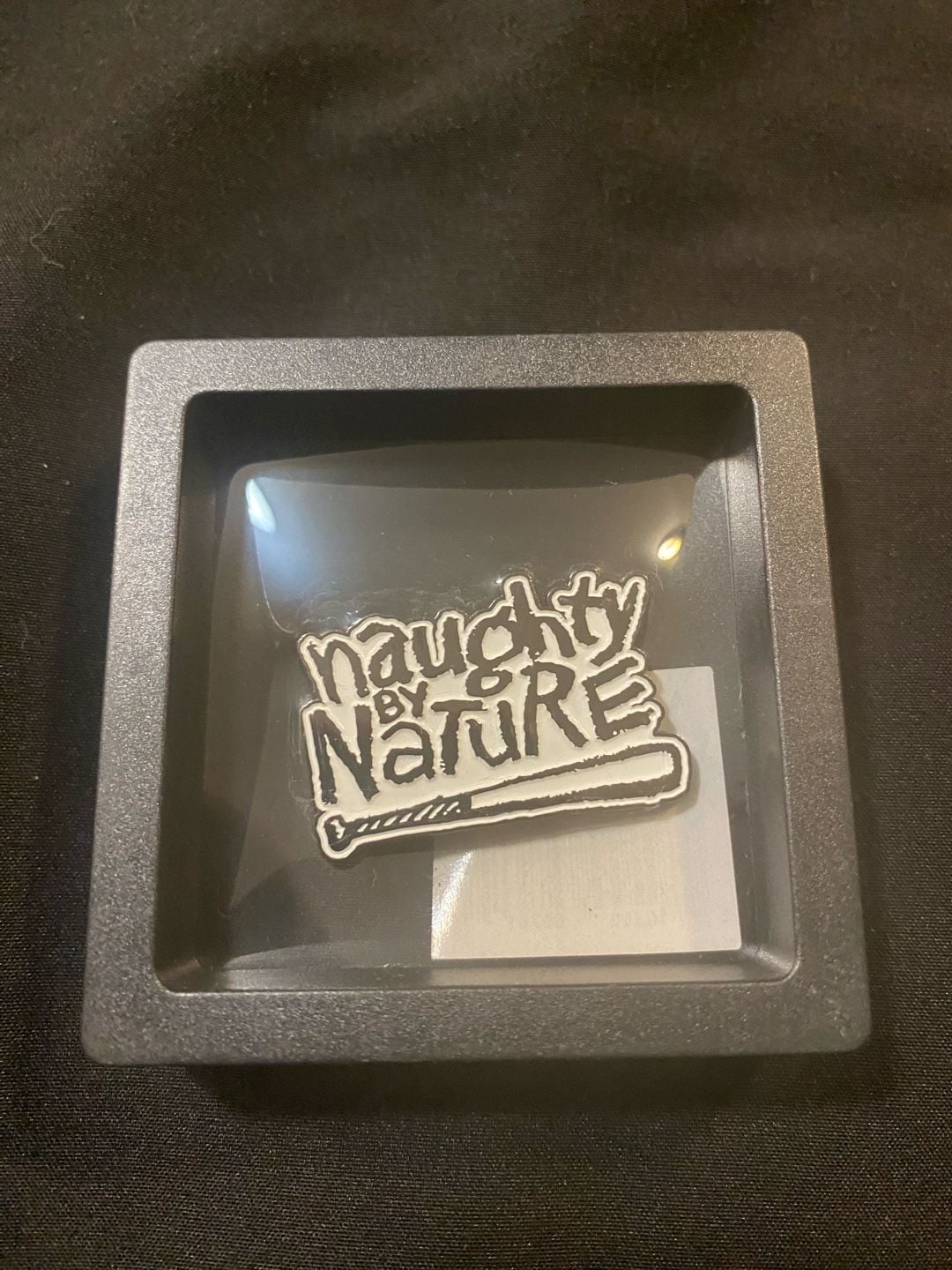 Naughty By Nature Logo Enamel Pin with Baseball Bat in Floating Display Case 1