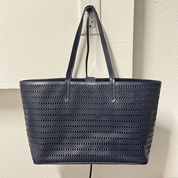 Brooks Brothers Navy Blue Laser Cut Perforated Leather Tote Bag