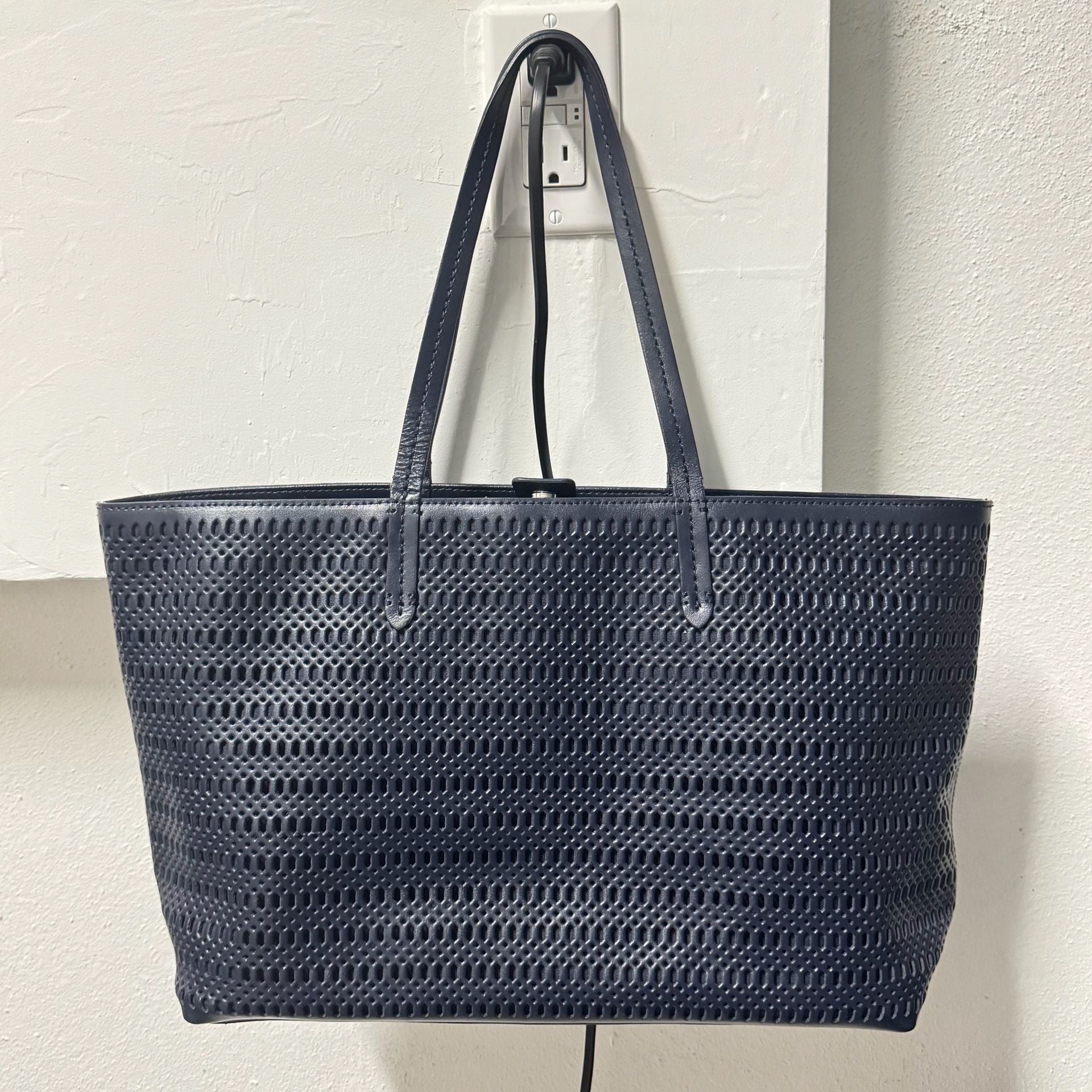 Brooks Brothers Navy Blue Laser Cut Perforated Leather Tote Bag 4