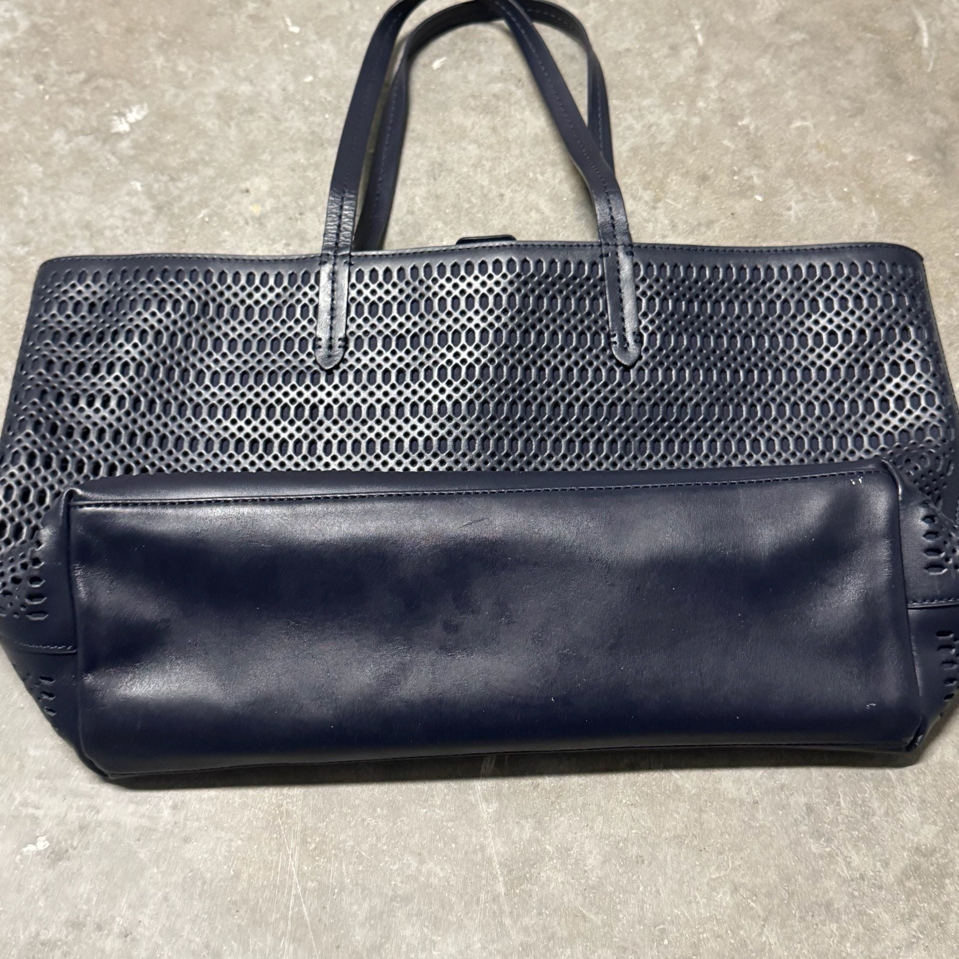 Brooks Brothers Navy Blue Laser Cut Perforated Leather Tote Bag 6