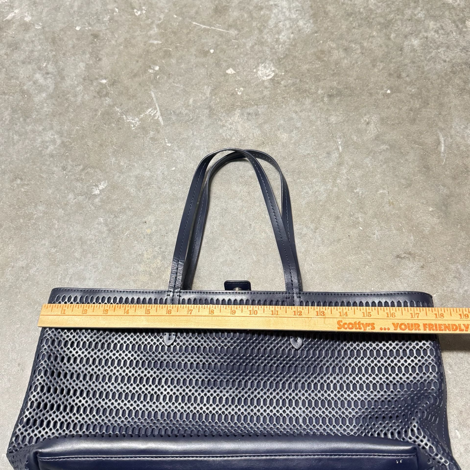 Brooks Brothers Navy Blue Laser Cut Perforated Leather Tote Bag 7
